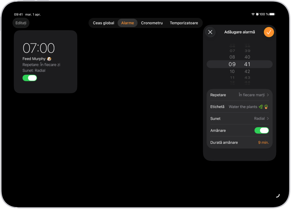 Fila Alarme din aplicația Ceas, cu configurări pentru a schimba ora alarmei, a alege dacă alarma se repetă, a adăuga o etichetă pentru alarmă, a selecta un sunet de alarmă, a activa amânarea și a schimba durata amânării.