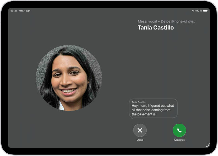 Un ecran de apel afișând un mesaj vocal live de la un contact. Sub textul transcris se află butoanele Opriți și Acceptați pentru apel.