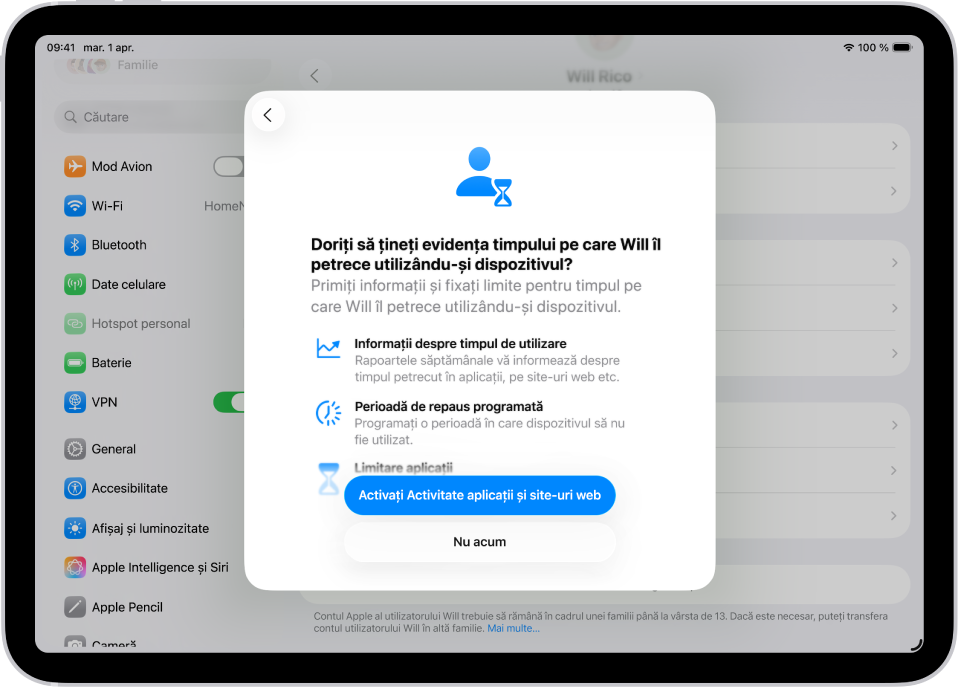 Un ecran Configurări cu un pop‑over afișând configurarea Timp de utilizare.