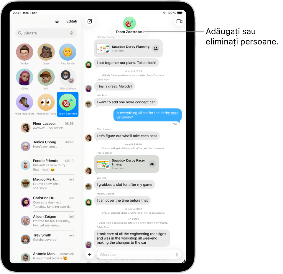 O conversație de grup în Mesaje pe iPad. În stânga, este selectată o conversație fixată dintr-o listă de conversații. În dreapta, se află transcrierea unei conversații care include fișiere partajate.