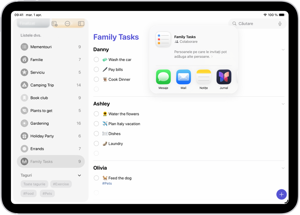 Aplicația Mementouri afișând o listă de cumpărături cu opțiuni de partajare în partea dreaptă.