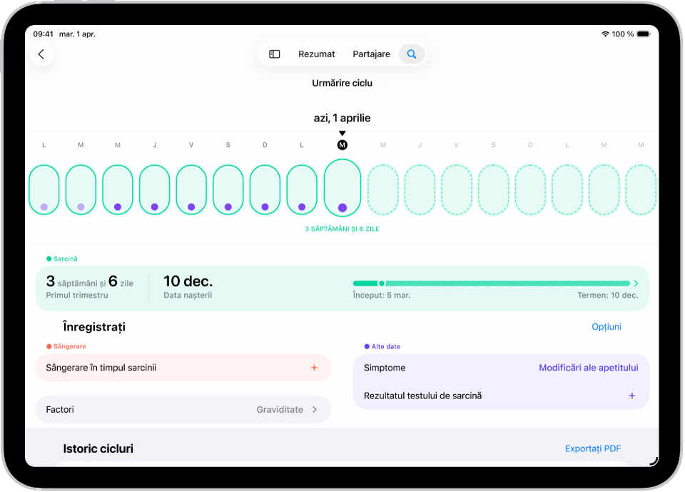 Ecranul Urmărire ciclu cu cronologia unei sarcinii pentru o săptămână în partea de sus a ecranului. Ovalele verde-deschis și punctele violet marchează primele 7 zile din cronologie. Ovalele verde-deschis punctate marchează celelalte zile ale cronologiei. Sub cronologie se află rezumatul sarcinii, afișând vârsta gestațională, data începerii și data estimată a nașterii. Sub rezumatul sarcinii sunt opțiuni pentru adăugarea de informații despre sângerarea în timpul sarcinii, simptome și altele.