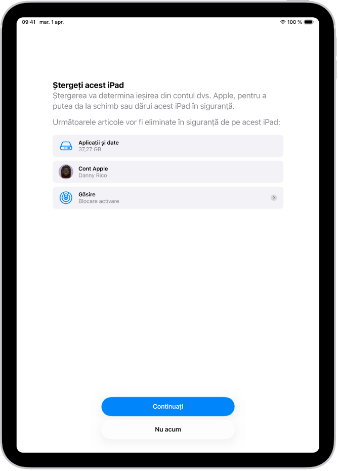 Ecranul Ștergeți acest iPad.
