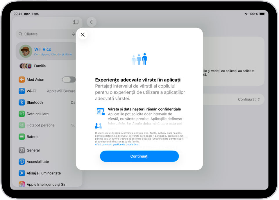 Ecranul de înrolare pentru funcționalitatea Experiențe adecvate vârstei în aplicații.