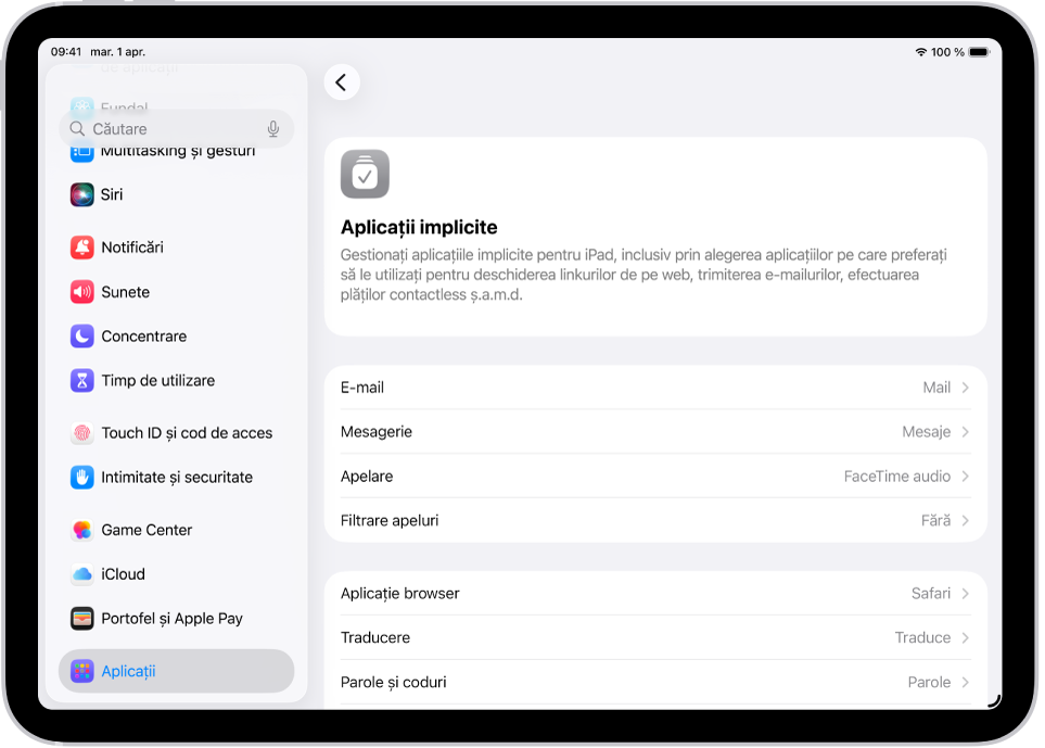 Ecranul pentru modificarea aplicațiilor implicite pentru trimiterea e-mailurilor, navigarea pe web și altele.