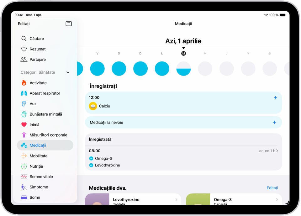 Ecranul Medicații din Sănătate afișând data și un jurnal pentru medicamente.