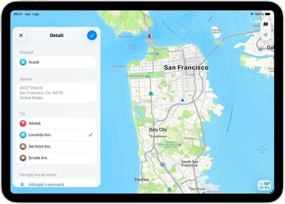Aplicația Hărți afișând ecranul Detalii cu opțiuni pentru configurarea unei adrese drept domiciliu, serviciu sau școală.