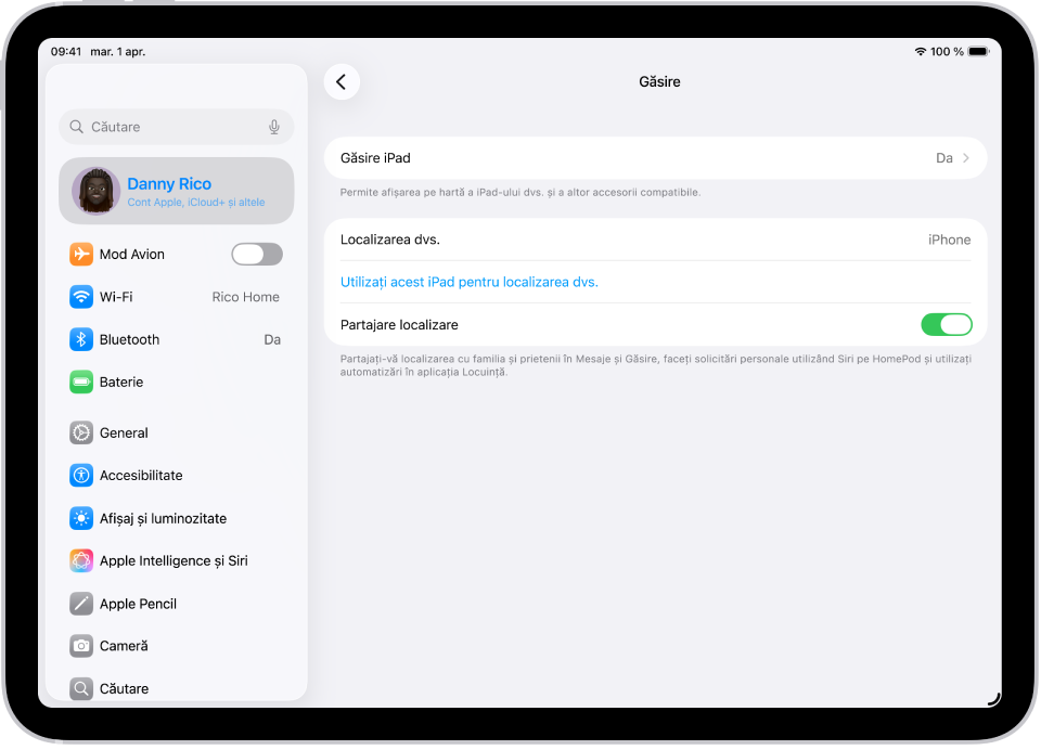 Ecran afișând configurările pentru aplicația Găsire, cu opțiuni pentru a activa Găsire iPad și Partajare localizare.