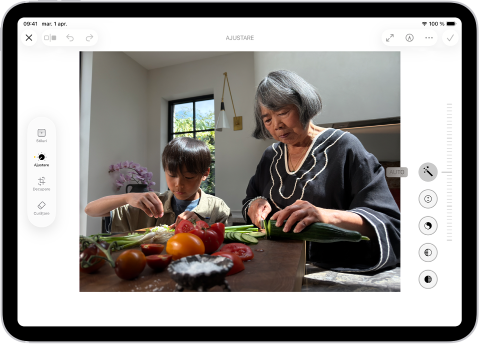 Ecranul de editare al aplicației Poze afișând o poză în centru. La stânga pozei se află butoanele Stil, Ajustare, Decupare și Curățare; este selectat butonul Ajustare. În dreapta pozei se află butoane pentru efectele de editare și un glisor pentru ajustarea nivelului fiecărui efect.