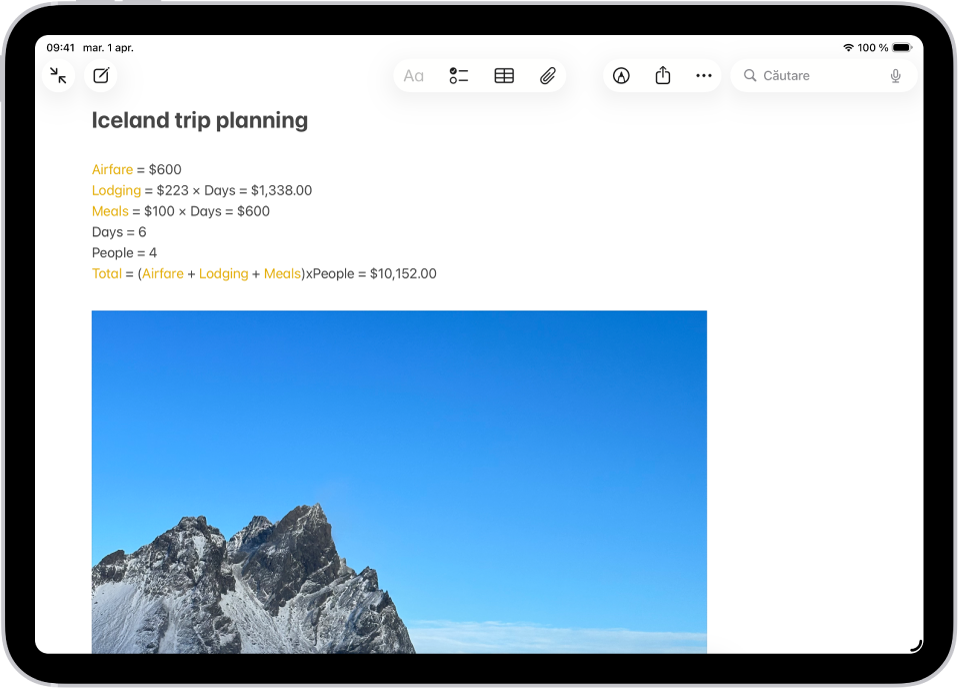 O notiță pentru planificarea unei excursii, cu un calcul al cheltuielilor pentru călătorie și o poză.