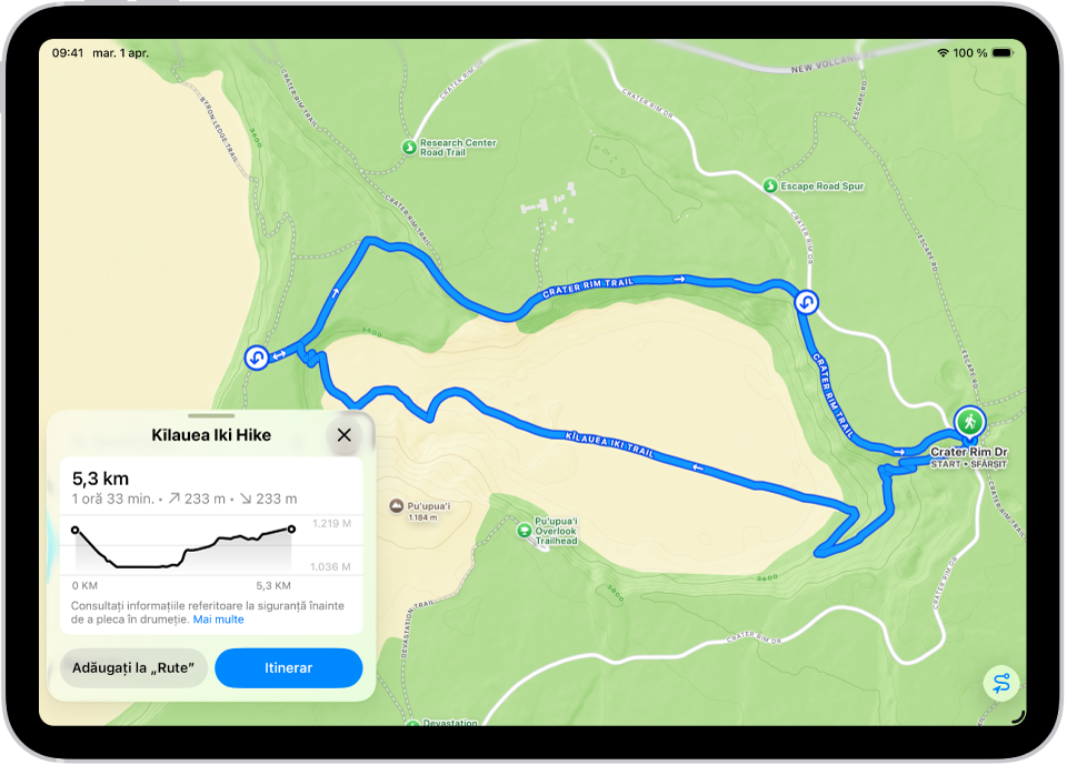 Rezumatul unei drumeții care poate fi descărcată, cu distanța, profilul diferenței de nivel, timpul estimat și opțiunile de salvare sau de obținere a itinerarelor către începutul drumeției.
