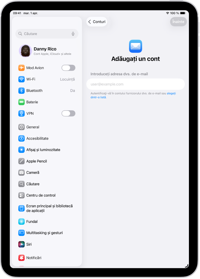 Ecranul „Adăugați un cont” afișând un câmp pentru introducerea adresei de e‑mail.