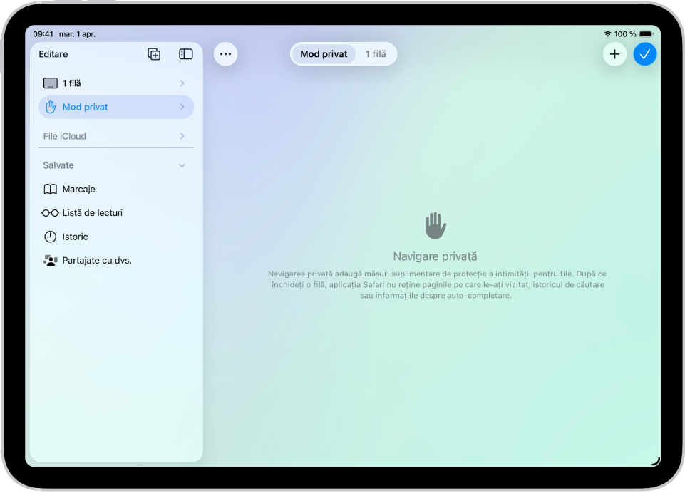 Bara laterală Safari din partea stângă a ferestrei Safari este deschisă, cu opțiunea Mod privat selectată. În dreapta este o explicație conform căreia Safari nu va reține istoricul dvs. de navigare.