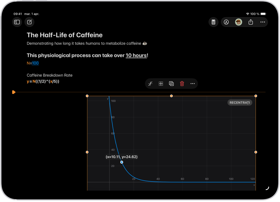 O notiță matematică deschisă în Calculator, cu o variabilă declarată, o ecuație și un grafic.