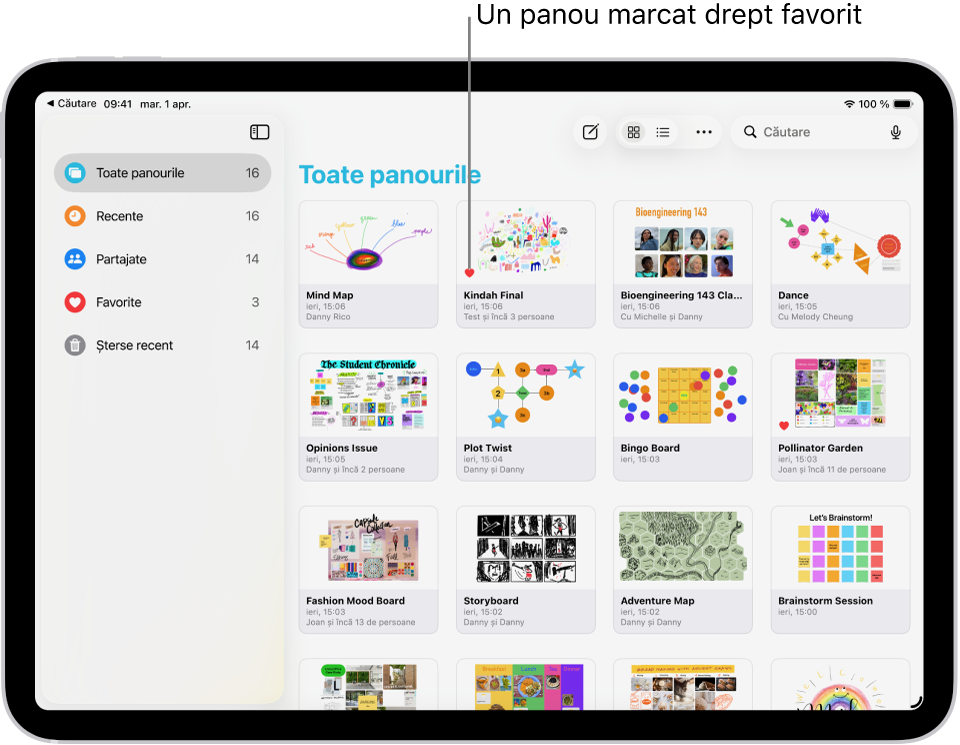 Aplicația Freeform este deschisă pe iPad. Opțiunea Toate panourile este selectată în bara laterală, iar miniaturile panourilor apar în dreapta.