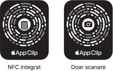 În stânga, un cod App Clip integrat în NFC cu pictograma unui iPhone în centru. În dreapta, un cod App Clip doar pentru scanare cu pictograma unei camere în centru.