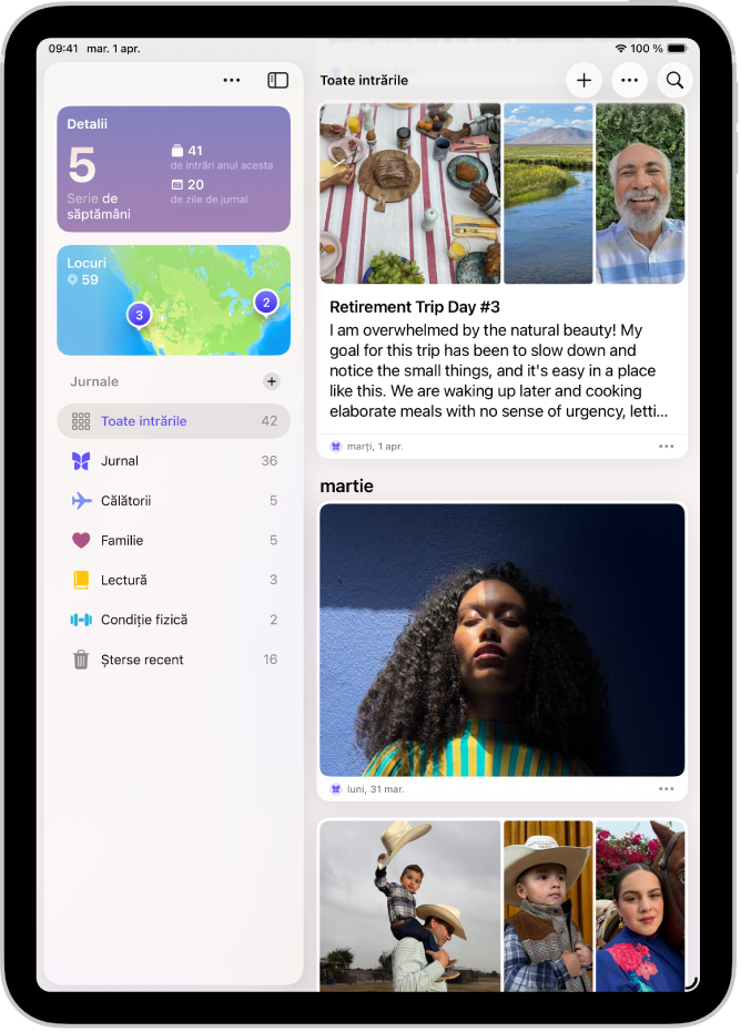 Un ecran în aplicația Jurnal afișează intrări de jurnal, cu butonul Căutare în dreapta sus.