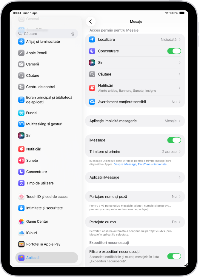 Panoul de configurări Mesaje cu opțiunea iMessage activată.