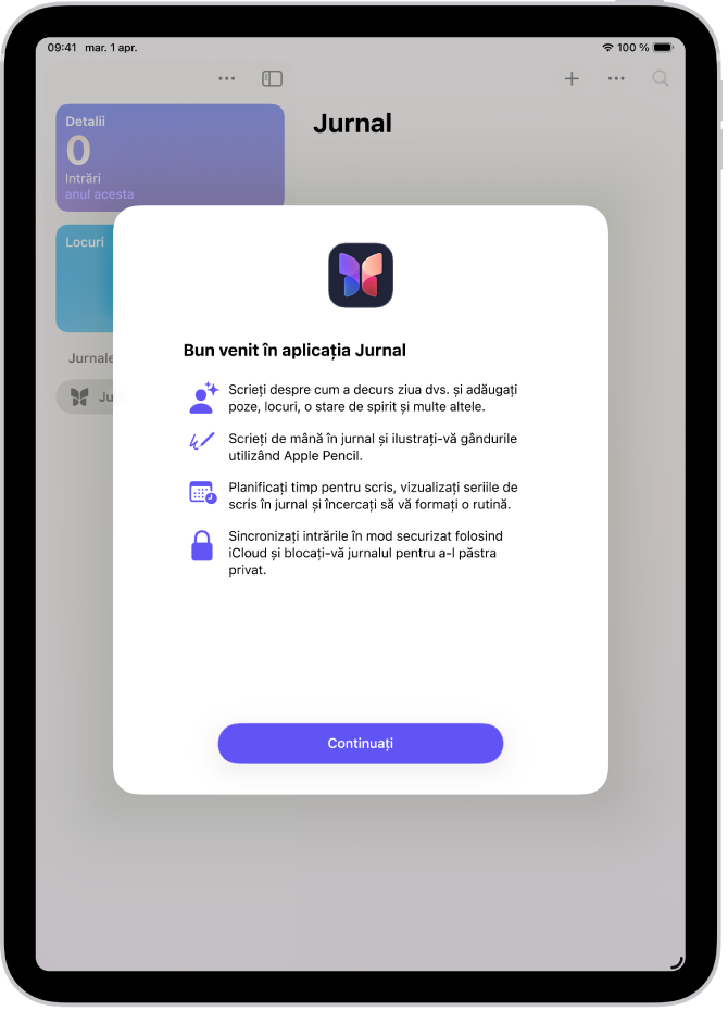 Ecranului de bun‑venit din aplicația Jurnal.