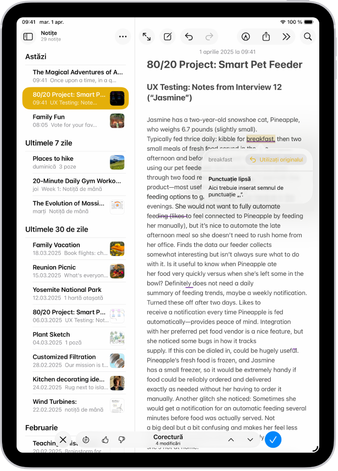 Un iPad afișând un text editat pentru greșeli ortografice în aplicația Notițe.