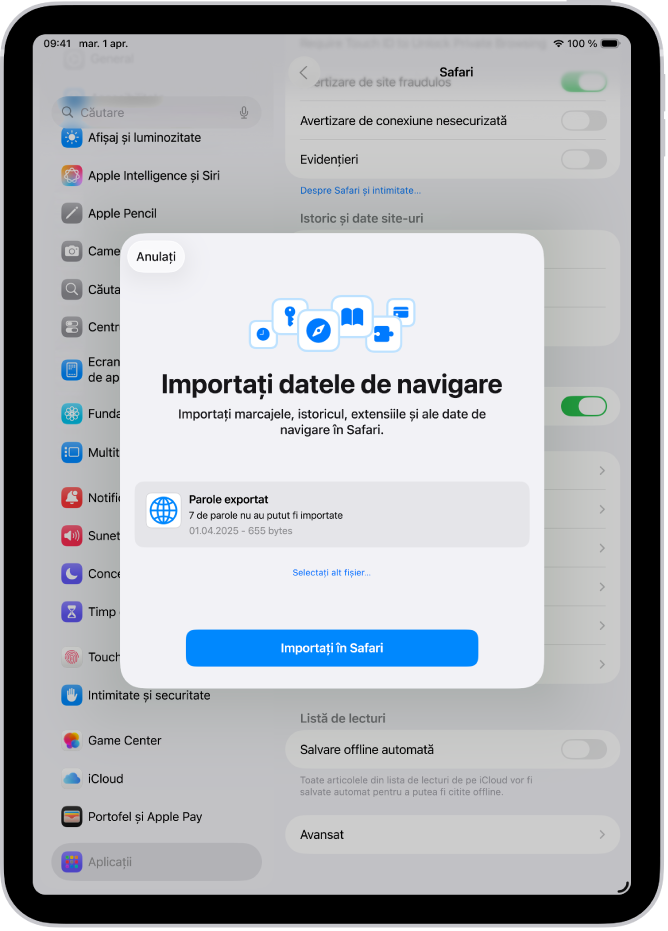 Ecranul Importați datele de navigare, afișând fișierul CSV de parole din alt gestionar de parole, care urmează să fie importat.
