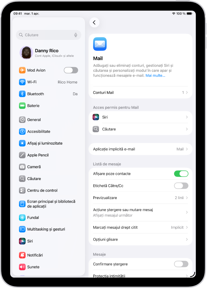 Ecranul configurărilor Mail.