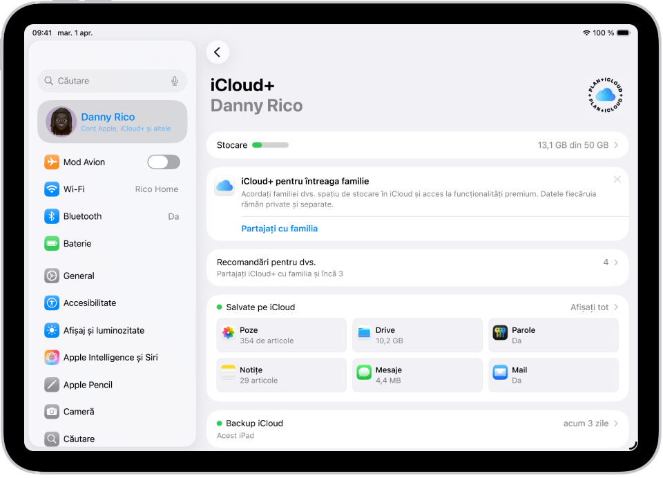 Ecranul de configurări iCloud afișând contorul de stocare iCloud și o listă de aplicații și funcționalități, inclusiv Poze, iCloud Drive și Mail iCloud ce pot fi utilizate cu iCloud.