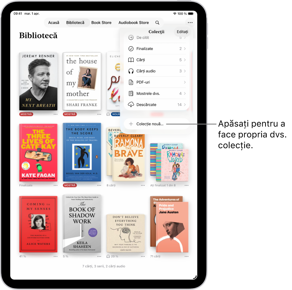Ecranul Bibliotecă în aplicația Cărți. În partea de sus a ecranului este deschis meniul Colecții, afișând opțiuni precum Cărți audio și PDF-uri.