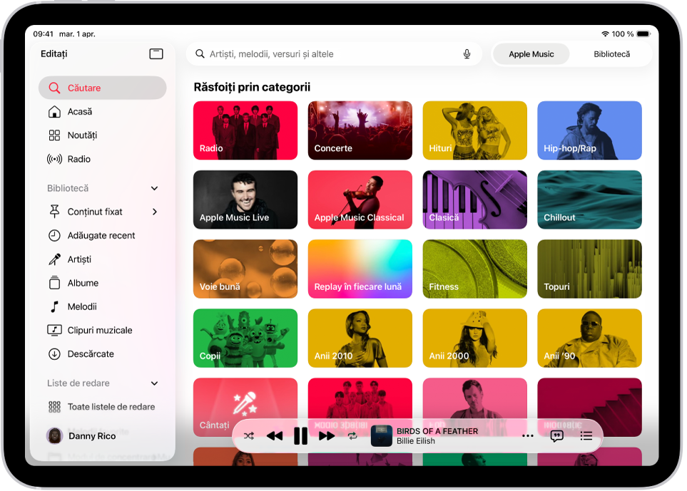 Fila Căutare afișând bara laterală în stânga și un câmp de căutare în dreapta sus. Sub câmpul de căutare apar diverse categorii muzicale. Mini-playerul se află în partea de jos.