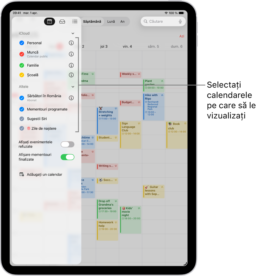 Lista Calendare indică prin bife calendarele active. Butonul OK pentru închiderea listei se află în colțul din dreapta sus. Butonul Adăugare calendar se află în colțul din stânga jos.