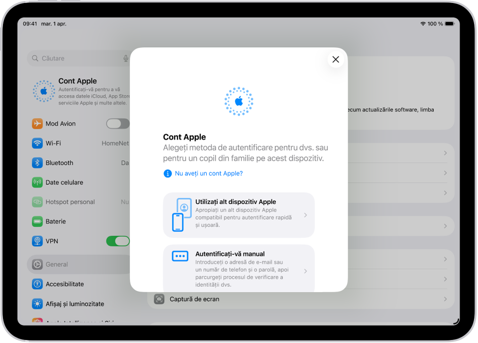 Ecranul Configurări, cu dialogul de autentificare în contul Apple în mijlocul ecranului.