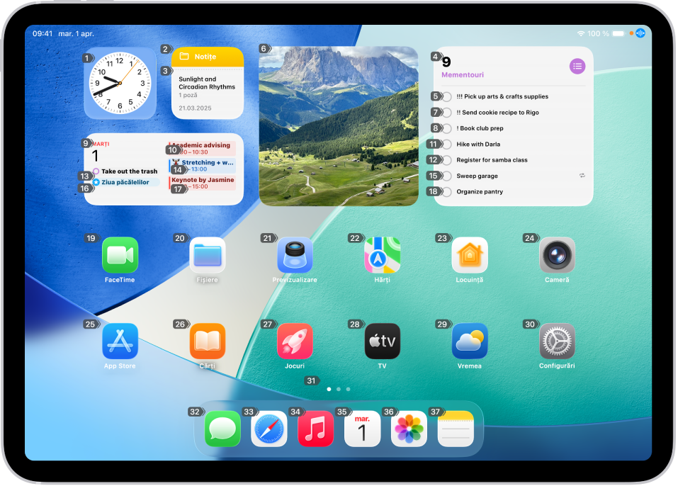 Un iPad afișând câte un număr lângă fiecare articol de pe ecranul principal. În partea de sus a ecranului este afișată comanda vocală “Afișează numere”.