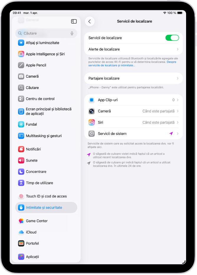 Ecranul Servicii de localizare, cu configurări pentru partajarea localizării iPad‑ului cu aplicațiile.