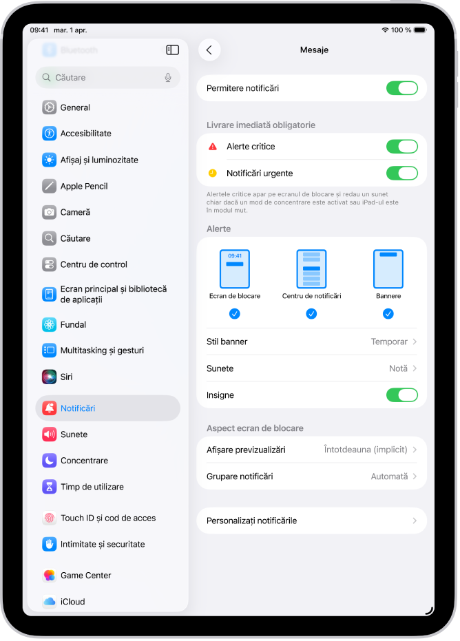 Configurările de notificare pentru aplicația Mesaje din Configurări.