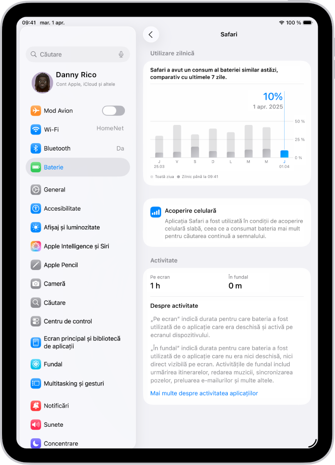 Ecranul Baterie din aplicația Configurări de pe iPad afișând utilizarea detaliată a bateriei pentru aplicația Safari. Ecranul include un grafic al utilizării zilnice, o notiță despre modul cum a fost afectată durata de viață a bateriei de acoperirea celulară și o defalcare a timpului de activitate al aplicației Pe ecran și În fundal.