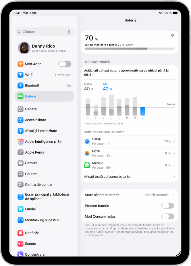 Ecranul Baterie din aplicația Configurări de pe iPad. Acesta afișează un grafic al utilizării zilnice, o listă de aplicații și consumul de energie al fiecăreia și configurările pentru Stare sănătate baterie, Procent baterie și Mod Consum redus.