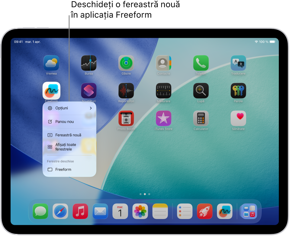 Ecranul principal al unui iPad cu meniul aplicației Freeform deschis, afișând o listă de acțiuni pe care le puteți alege (inclusiv deschiderea unei ferestre noi în aplicație, crearea unui panou nou, afișarea tuturor ferestrelor de aplicație deschise etc.)