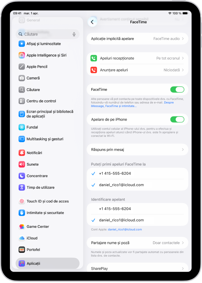 Ecranul de configurări FaceTime, afișând opțiunea Aplicație implicită apelare, comanda pentru activarea sau dezactivarea FaceTime și contul Apple folosit pentru FaceTime.