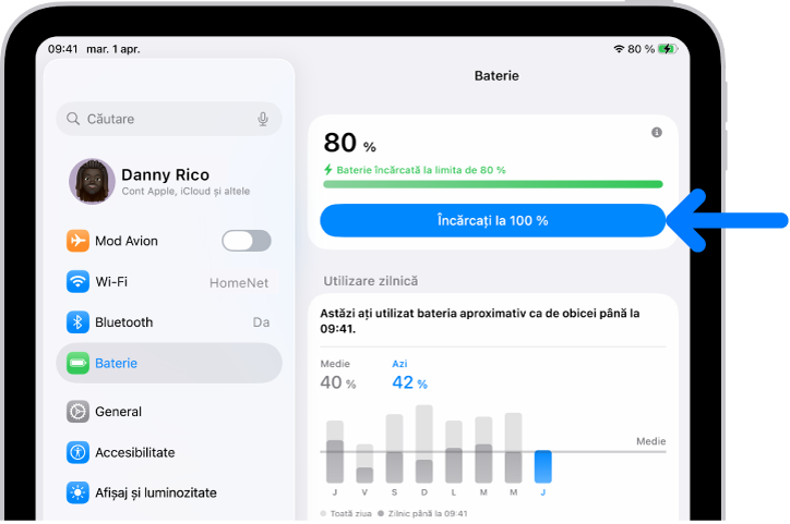 Fereastra cu informații despre încărcare în configurările Baterie iPad. Fereastra arată bateria încărcată la 80 % cu mesajul „Baterie încărcată la limita de 80 %”. Un buton oferă opțiunea „Încărcați la 100 %”.
