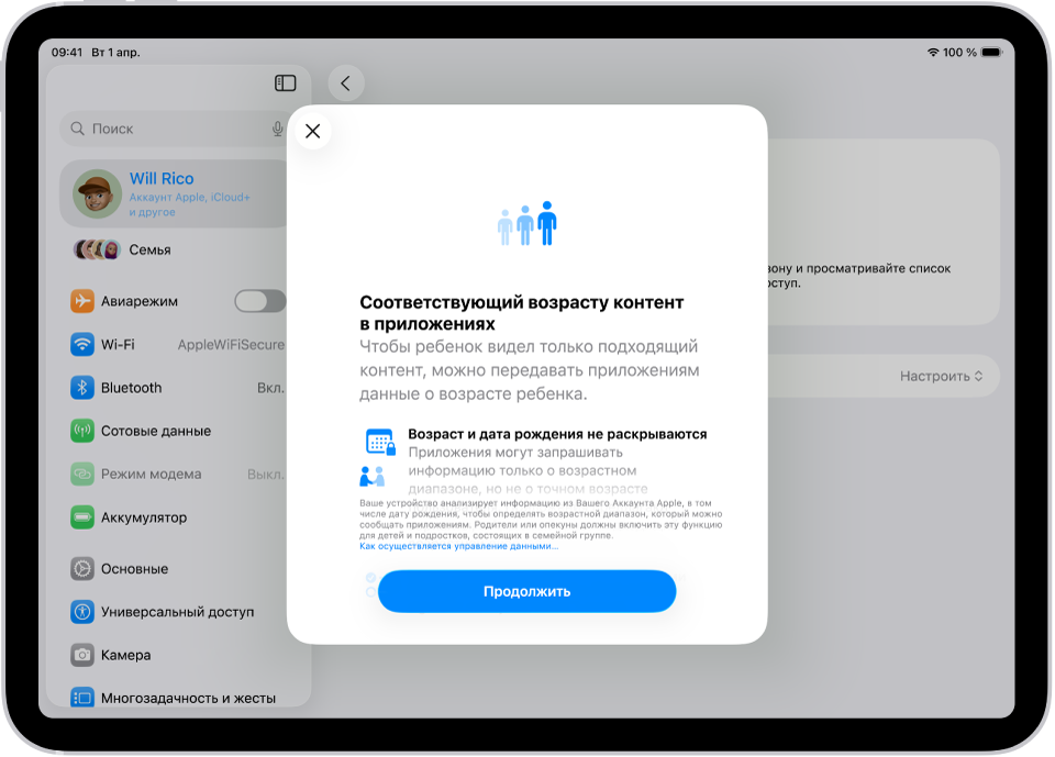 В Настройках на iPad открыт раздел «Соответствующий возрасту контент в приложениях», где объясняется, как обеспечить детям подходящий им контент в приложениях, предоставив приложениям доступ к данным о возрасте детей.