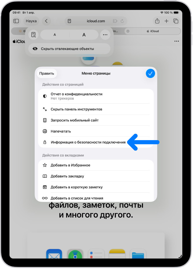 В Safari открыто меню страницы; посередине страницы показан элемент управления «Информация о безопасности подключения».