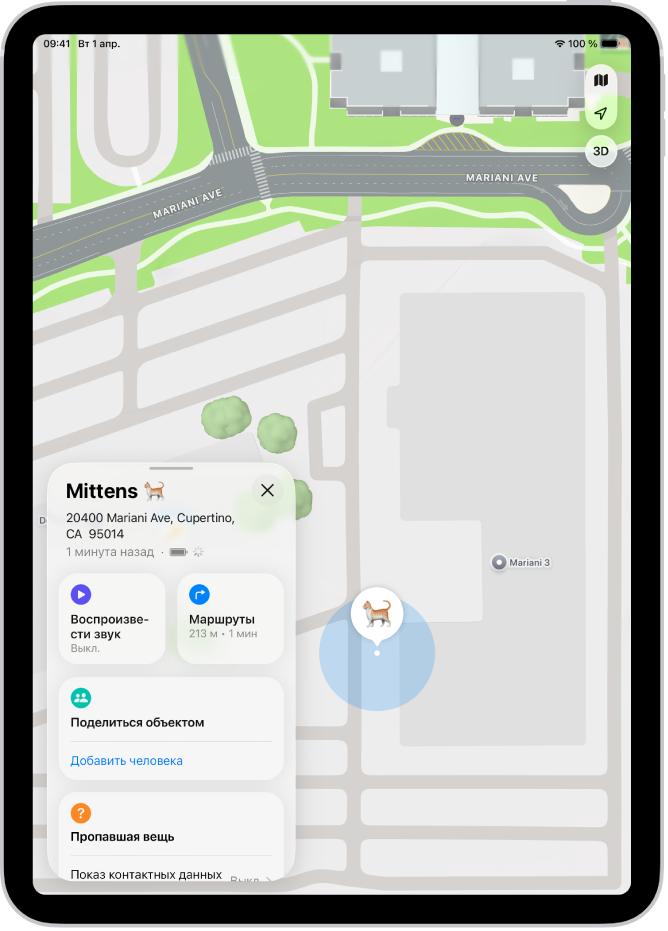 На экране Локатора показана вещь с AirTag и ее геопозиция.