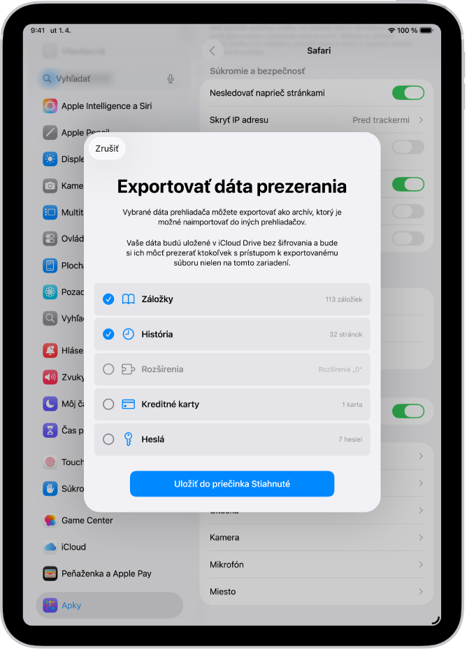 Obrazovka Exportovať dáta prezerania s dátami, ktoré možno zo Safari exportovať do iného prehliadača.