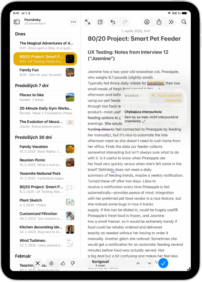 Oprava gramatických chýba v texte v aplikácii Poznámky na iPade.