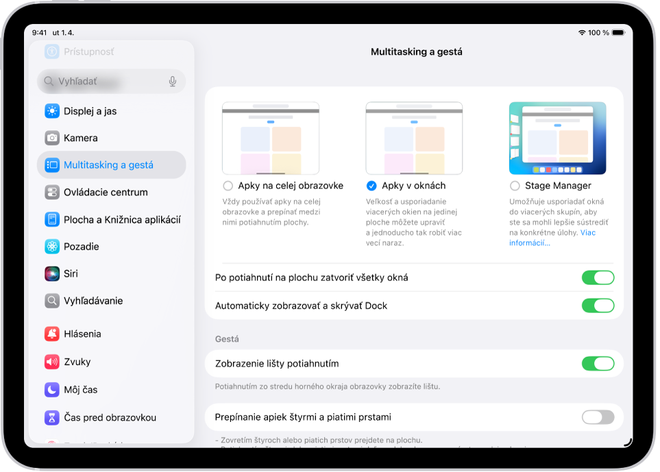 Okno na iPade s nastaveniami Multitasking a gestá.