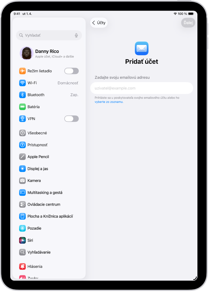 Obrazovka Pridať účet s poľom na zadanie emailovej adresy.