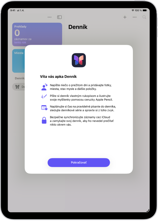 Uvítacia obrazovka apky Denník.