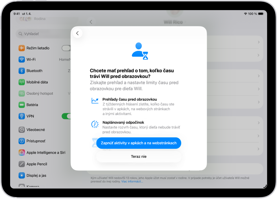 Obrazovka Nastavenia s&nbsp;vyskakovacím oknom zobrazujúcim nastavenie Času pred obrazovkou.