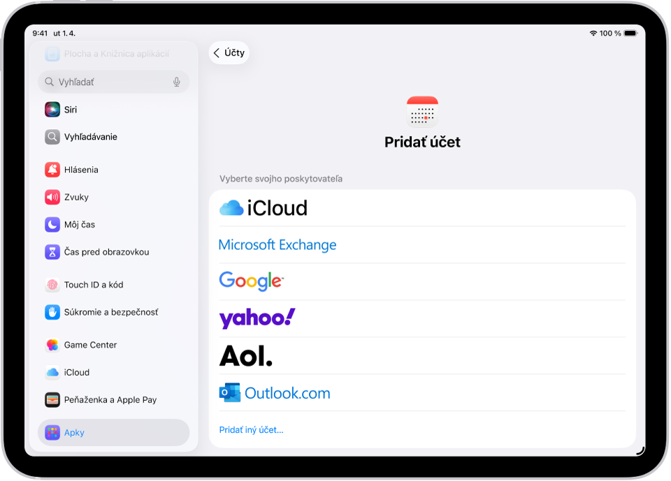Nastavenia na pridanie kalendárových účtov zobrazujúce rôznych poskytovateľov kalendárov.