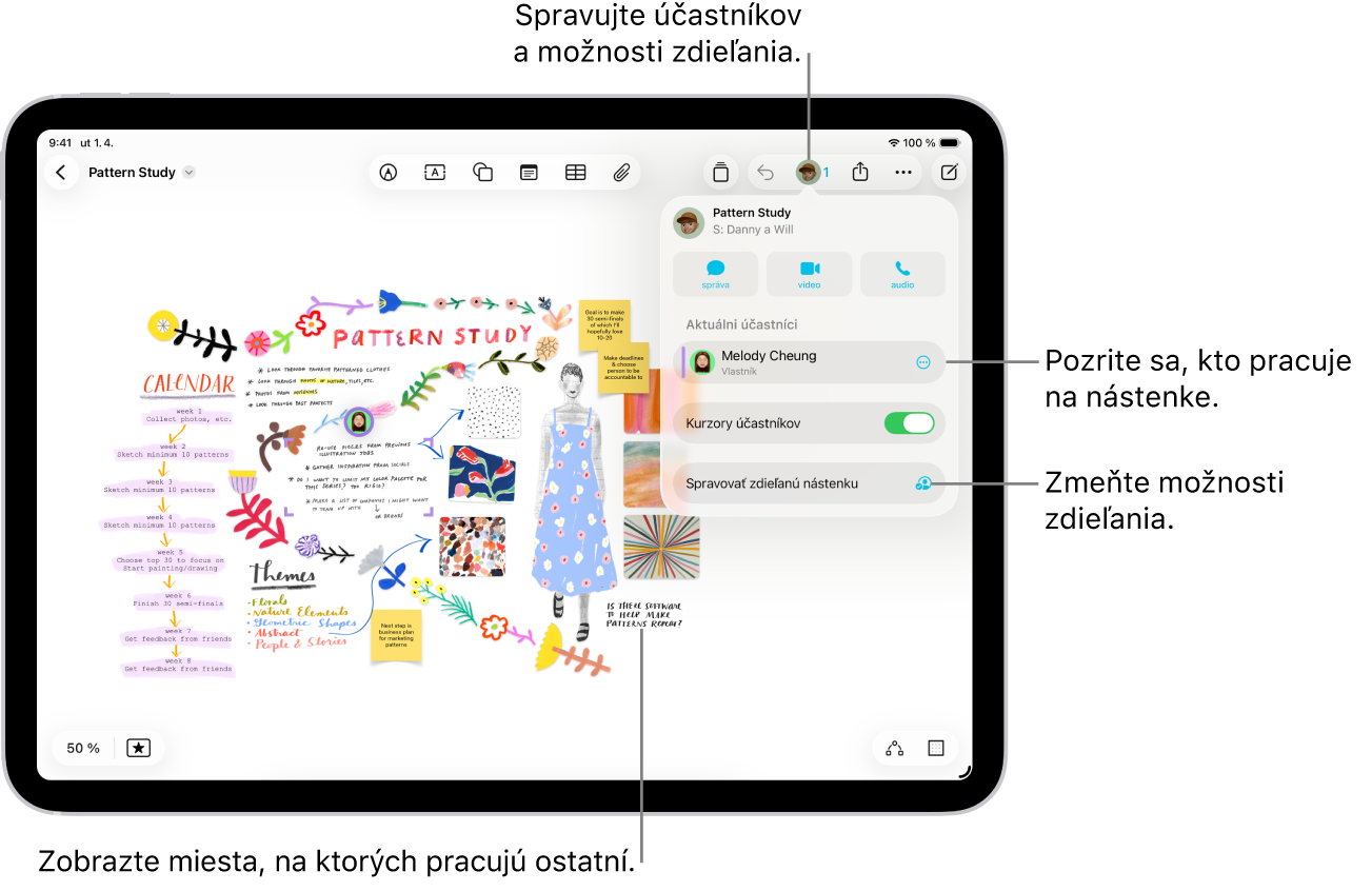 Zdieľaná nástenka v apke Freeform na iPade so zobrazeným menu spolupráce a polohou ostatných účastníkov na nástenke označenou farebnými znakmi zaškrtnutia.